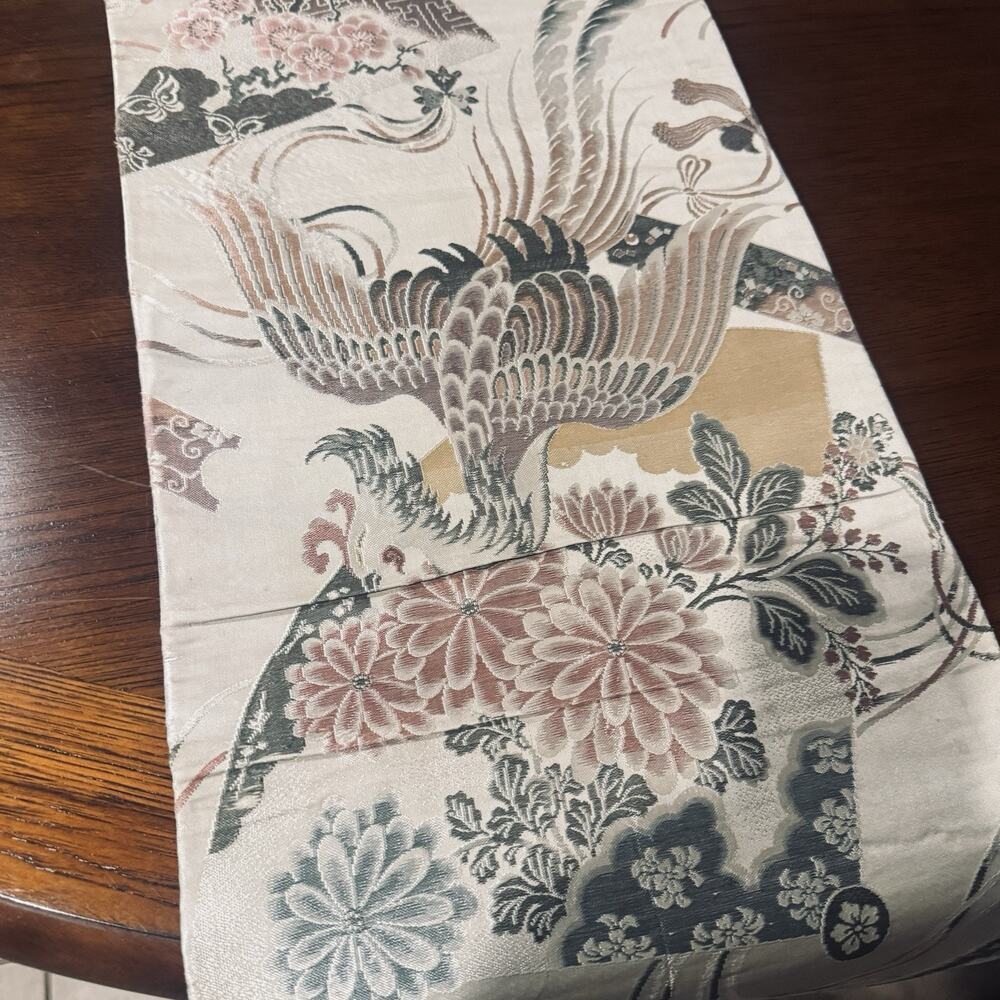 Vintage Japanese Silk Brocade Obi Textile Panel Gold Phoenix Crane Fabric 12 Ft